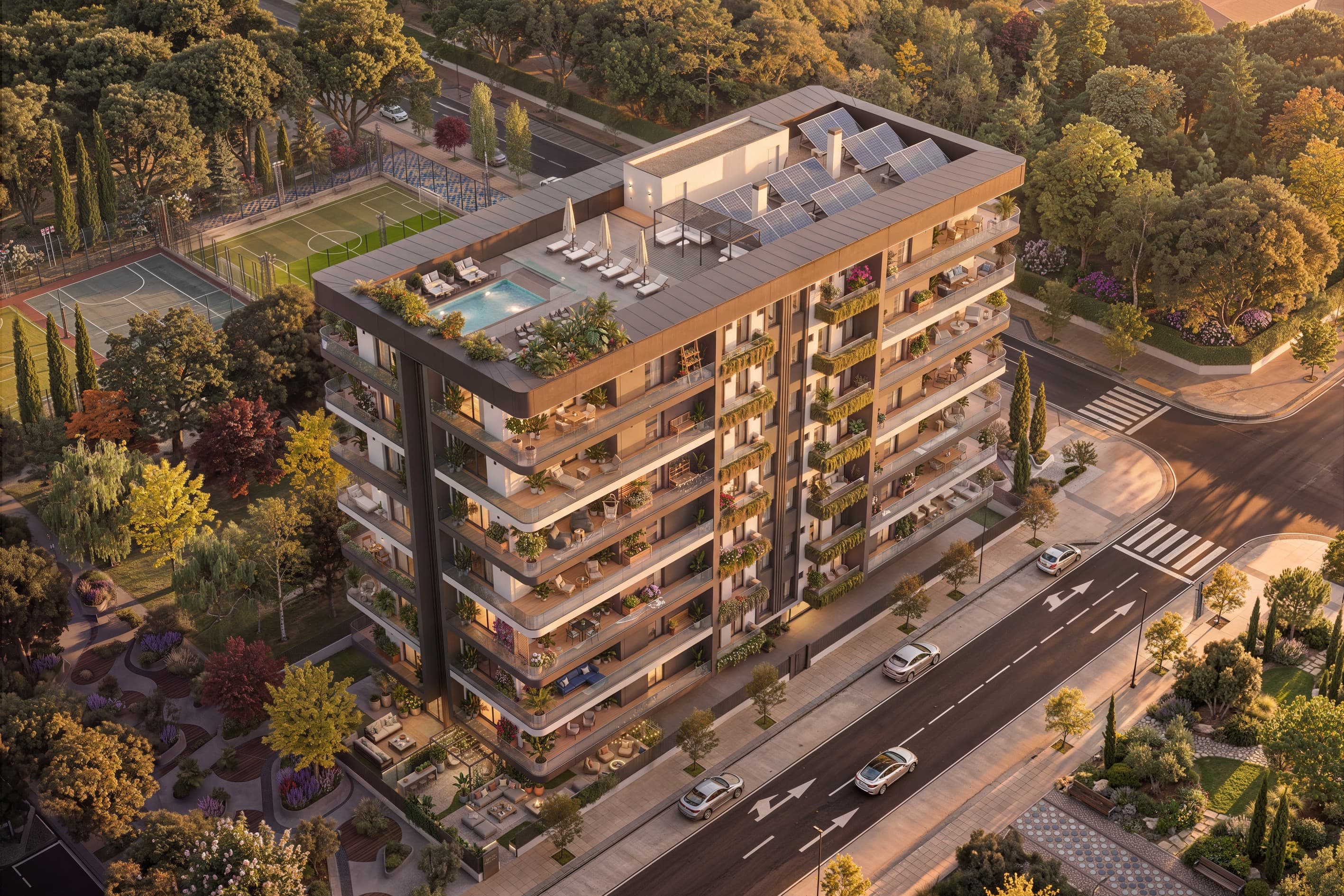 Visualización CGI aérea de un edificio residencial con terrazas, vegetación y piscina en azotea