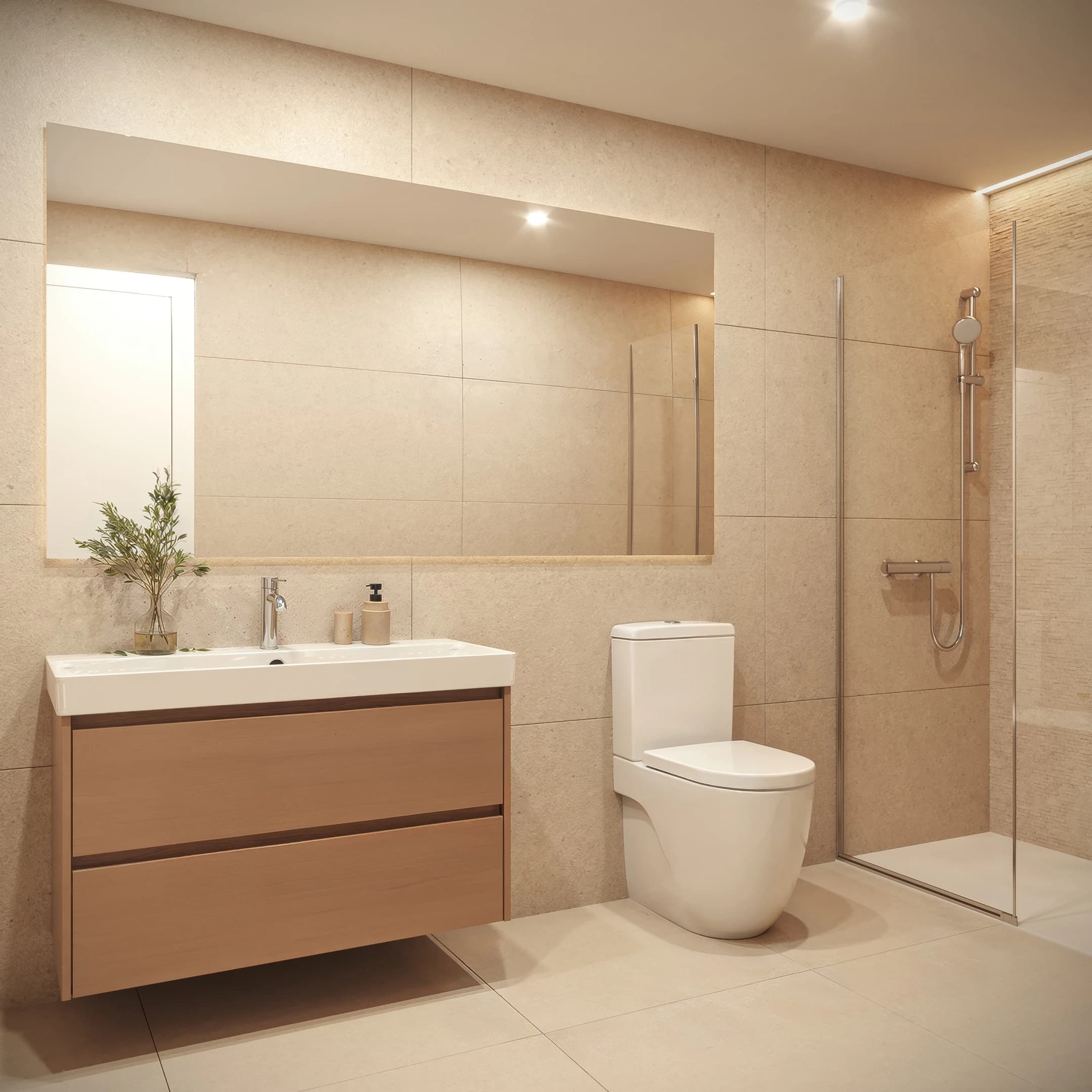 Visualización de baño con acabados de madera · Interiores en Mallorca · BCA