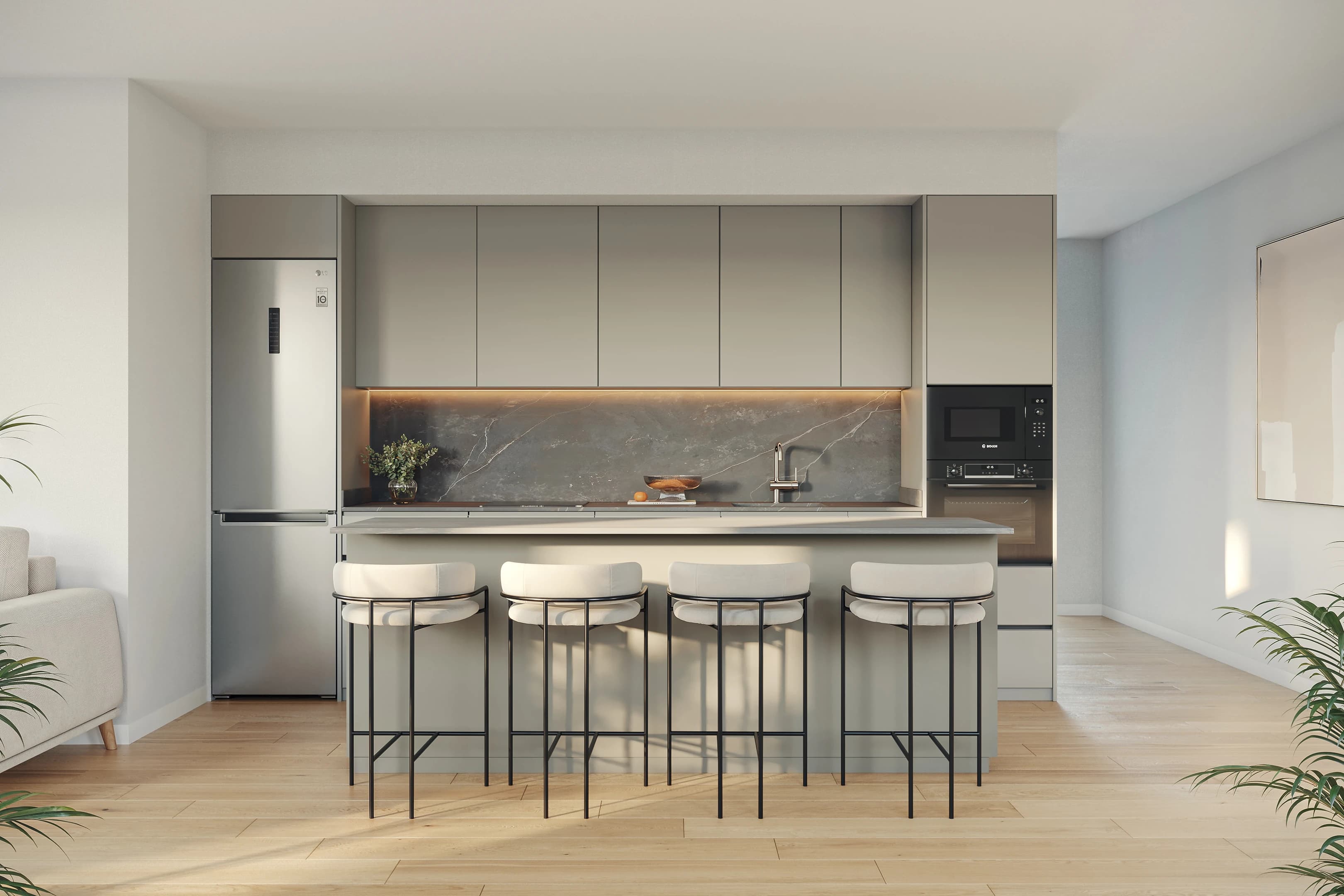Visualización de cocina gris · Interiores en Mallorca · BCA