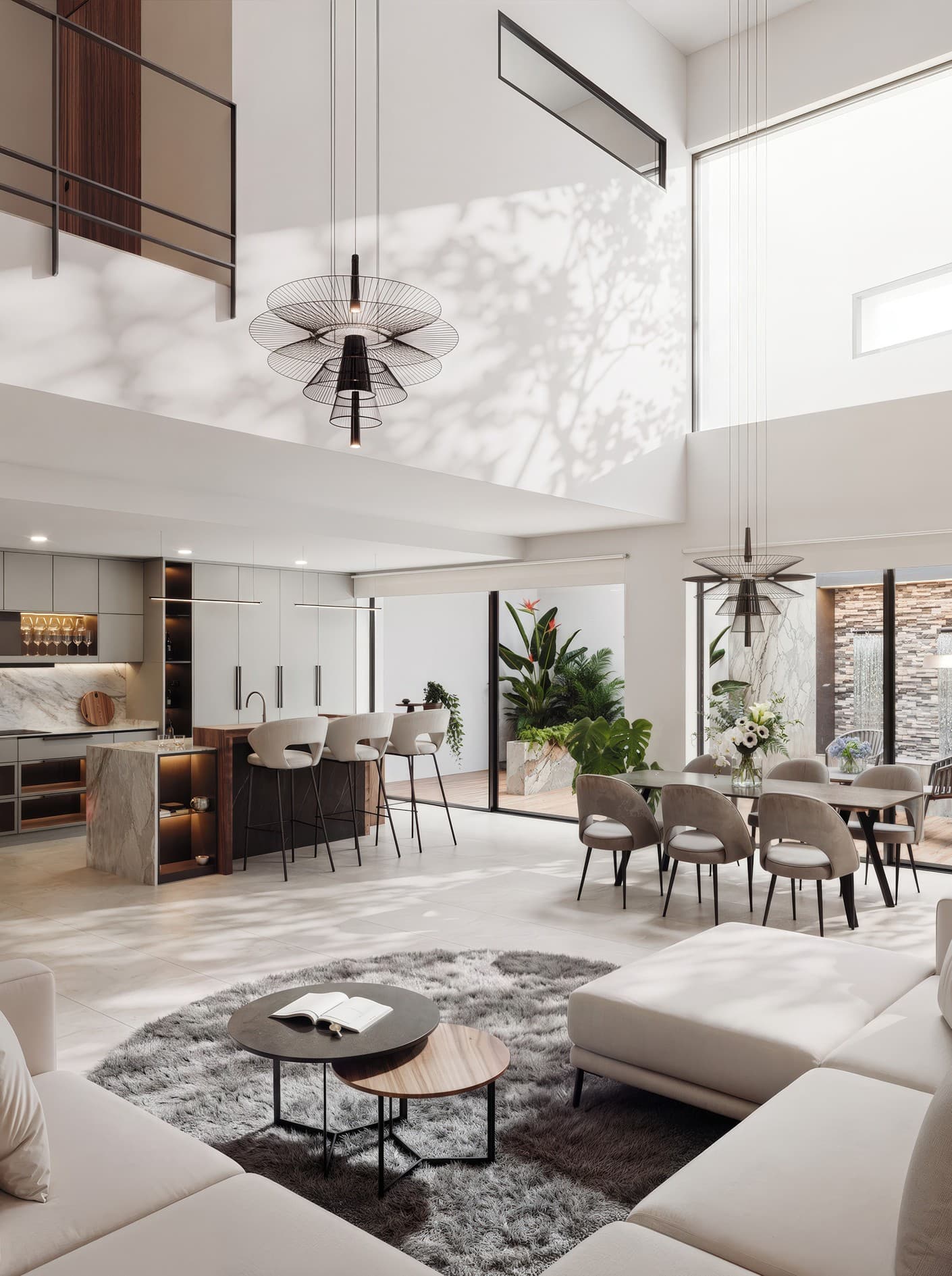 Visualización CGI de un interior de doble altura con cocina, comedor y vegetación en el patio
