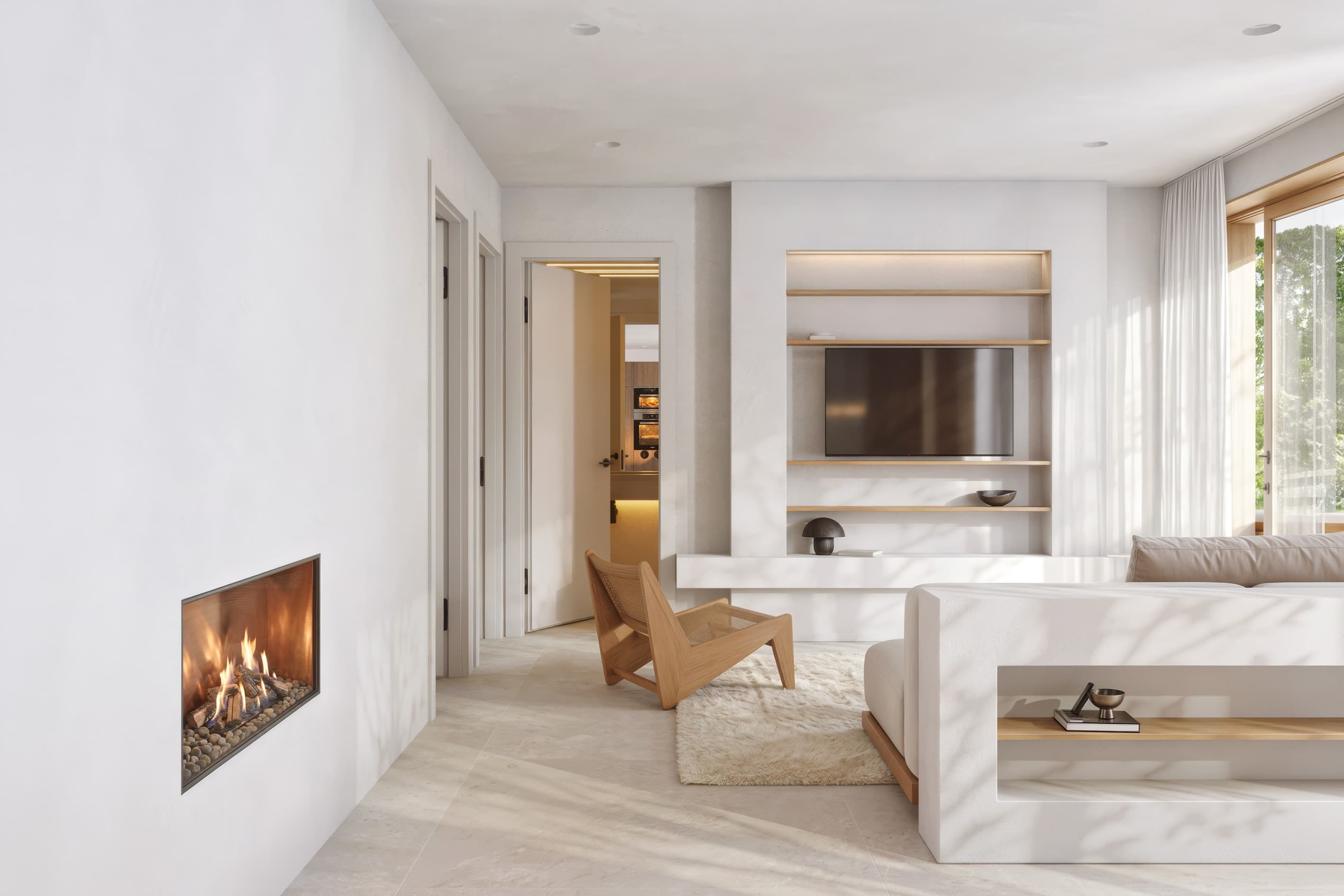 Visualización CGI de un salón luminoso con chimenea, sillón de madera y grandes ventanales