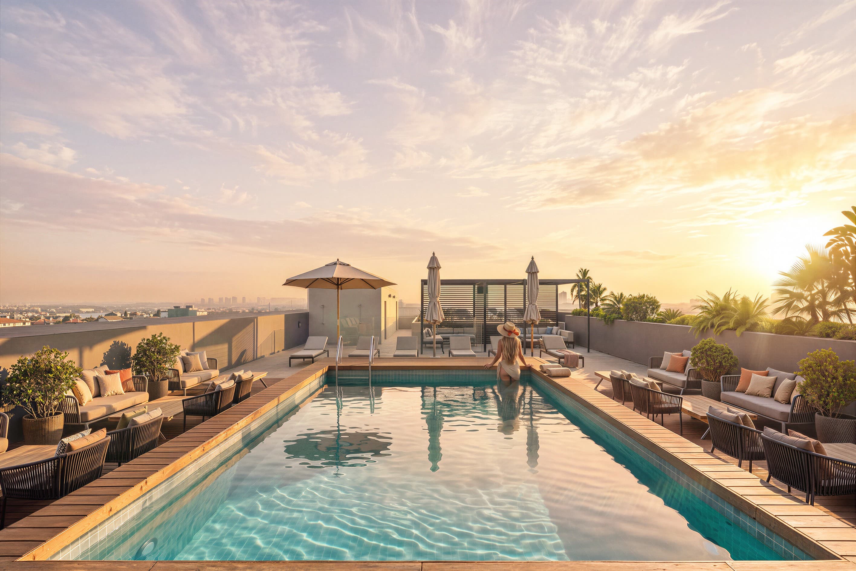 Visualización CGI de una piscina en azotea con zona de descanso y una persona al atardecer