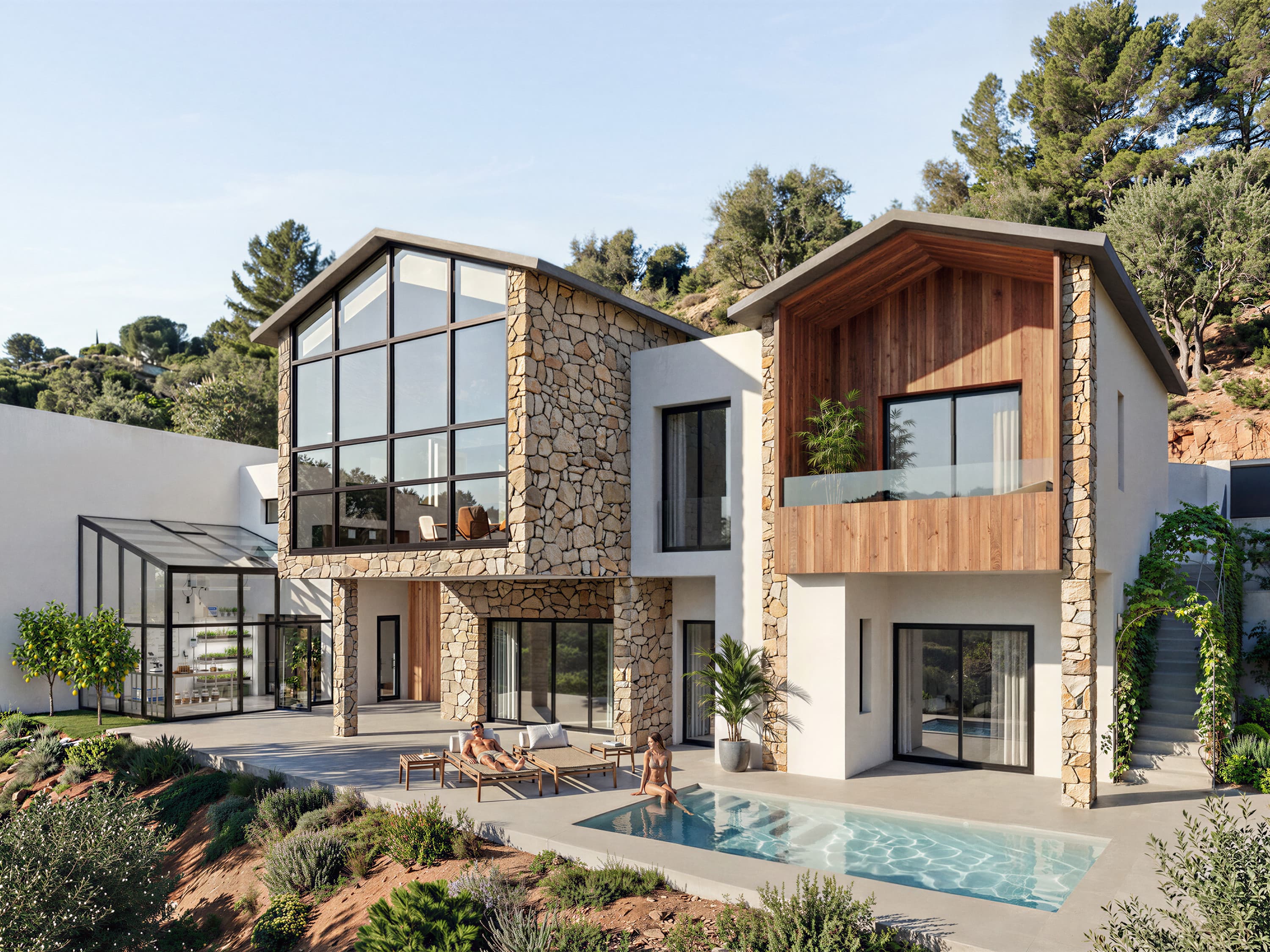 Vivienda Almirez con fachada de piedra, madera y piscina