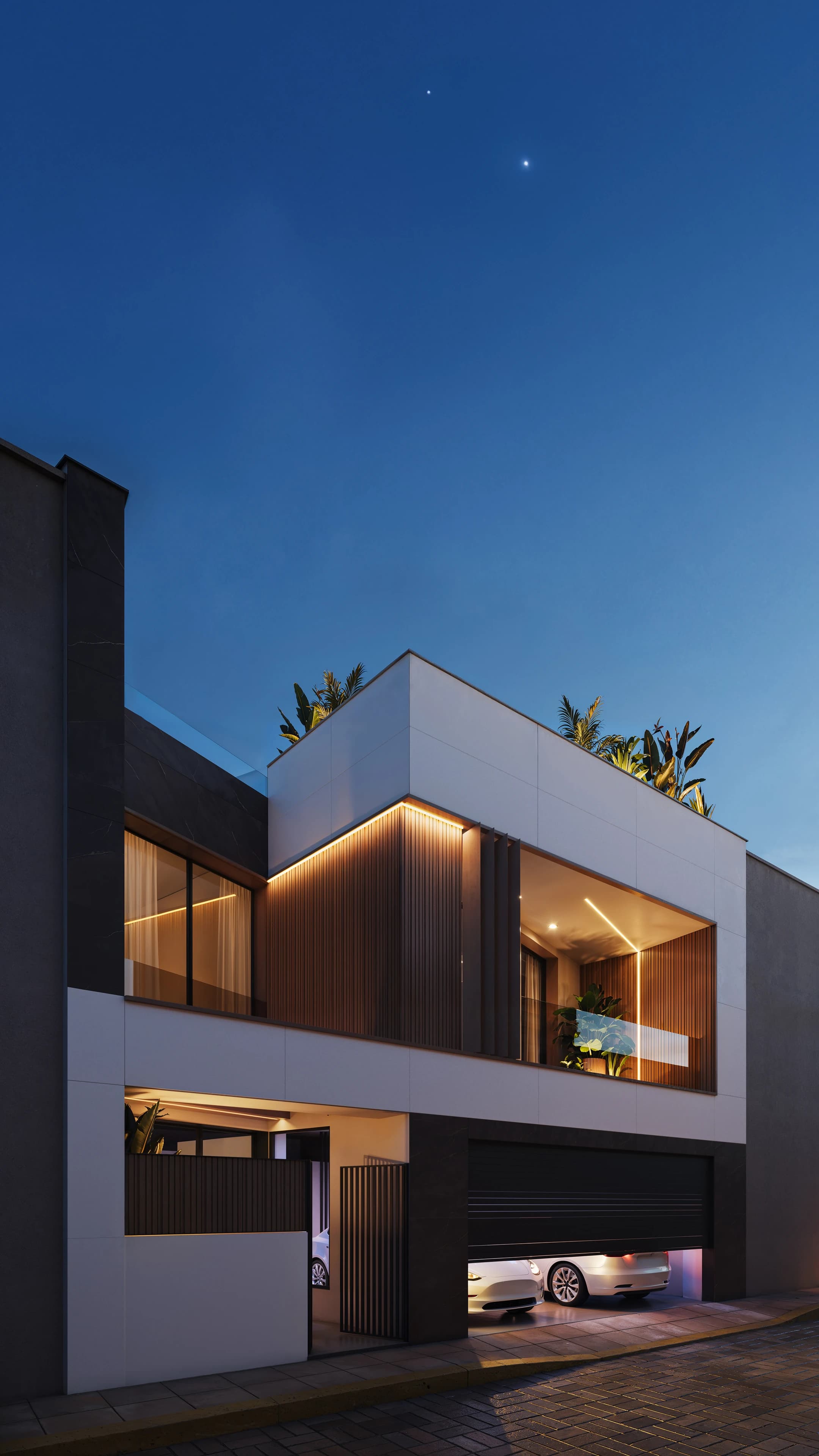 Visualización de fachada nocturna · Vivienda Patio · Mar Marín Interiorismo