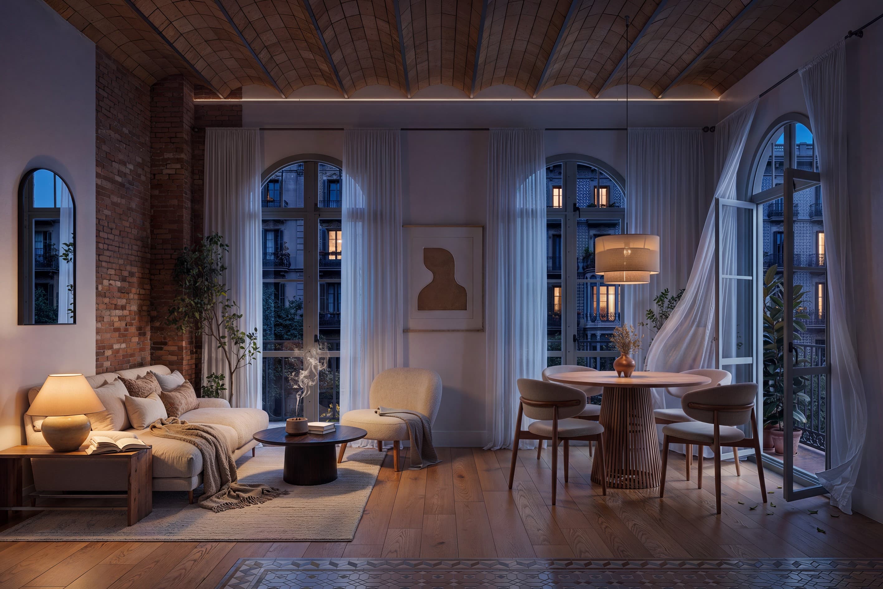 Visualización CGI de un interior iluminado al anochecer.