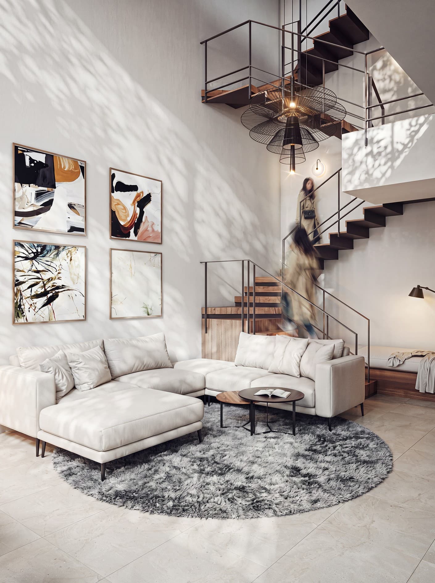 Visualización CGI de un espacio interior en altura, con una persona y una escalera.