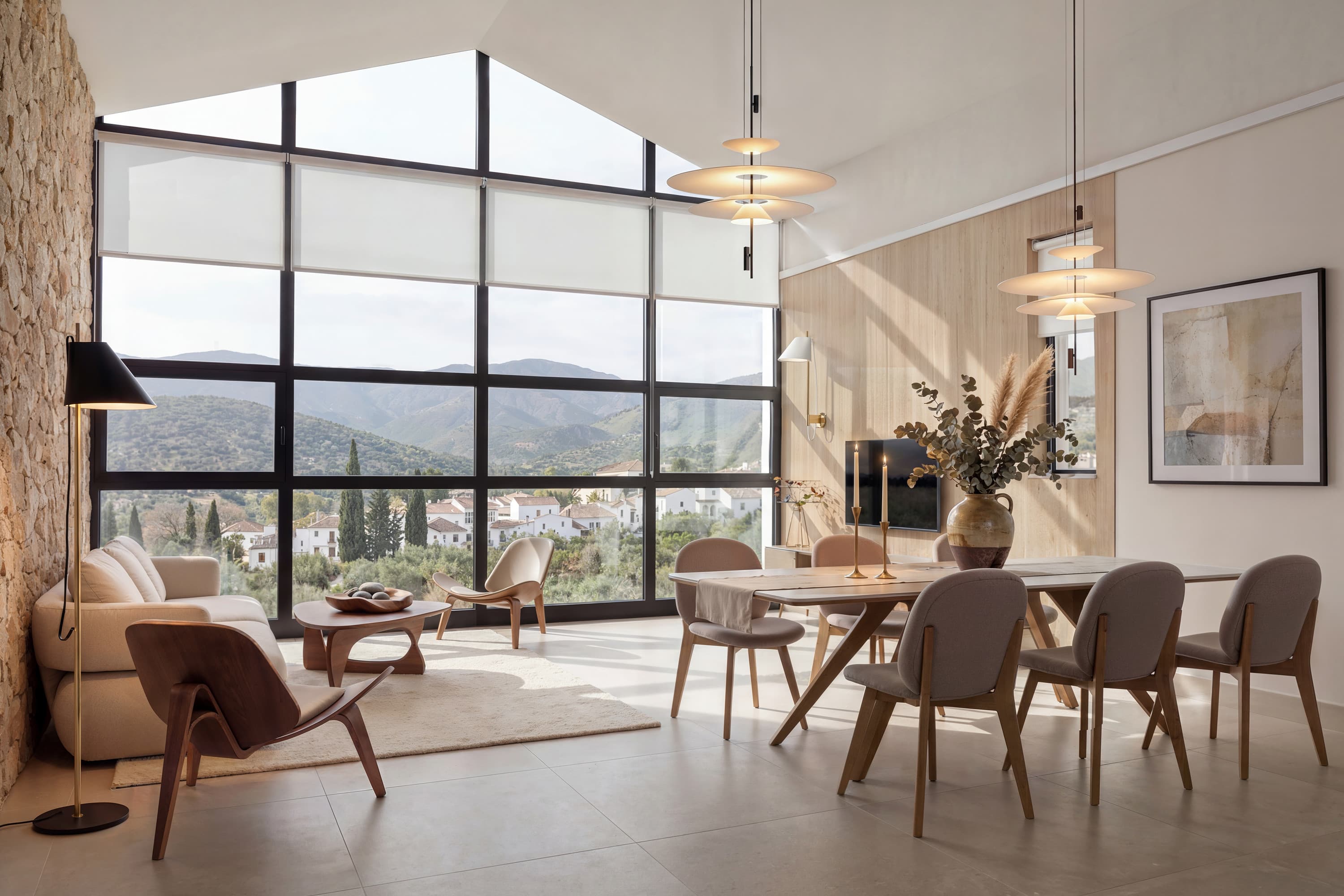Visualización CGI de un salón luminoso abierto hacia el paisaje.